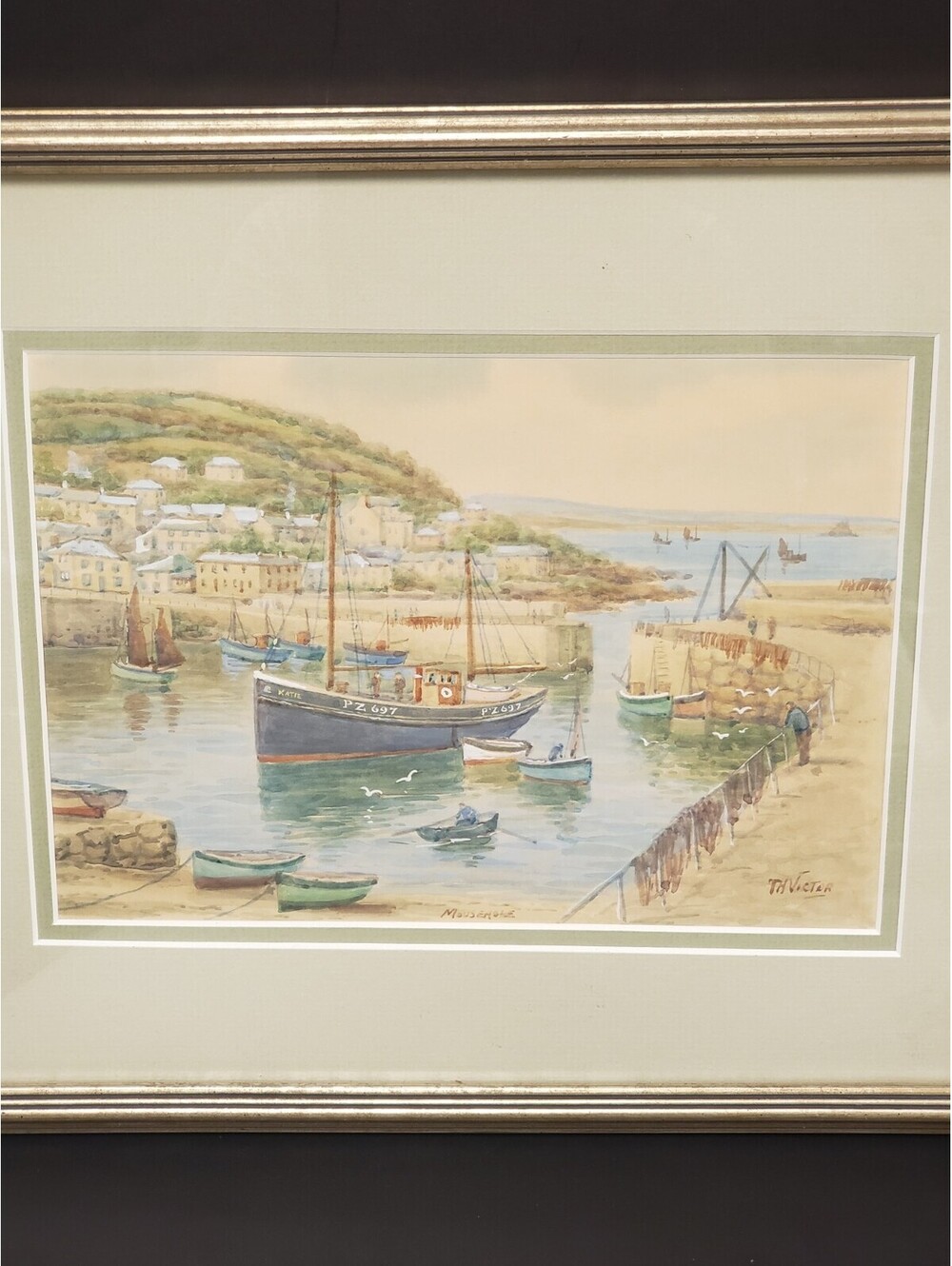 Original Signed TH Victor Watercolor Painting of Coastal Fishing Village 12x15VG